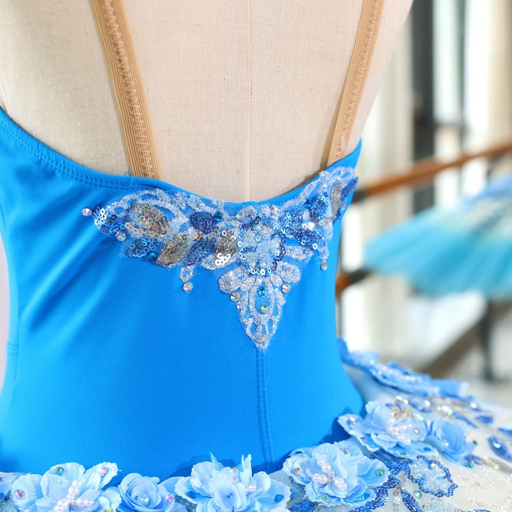 Vestido de tut&uacute; de ballet con lentejuelas florales azules, disfraz de bailarina profesional