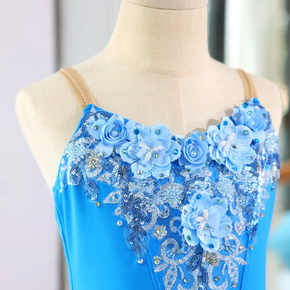 Vestido de tut&uacute; de ballet con lentejuelas florales azules, disfraz de bailarina profesional