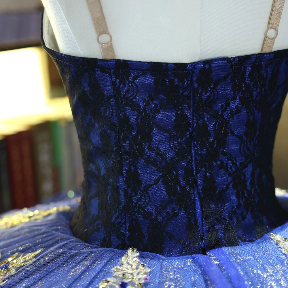 Tut&uacute; de plato de ballet hecho a mano de encaje dorado azul real