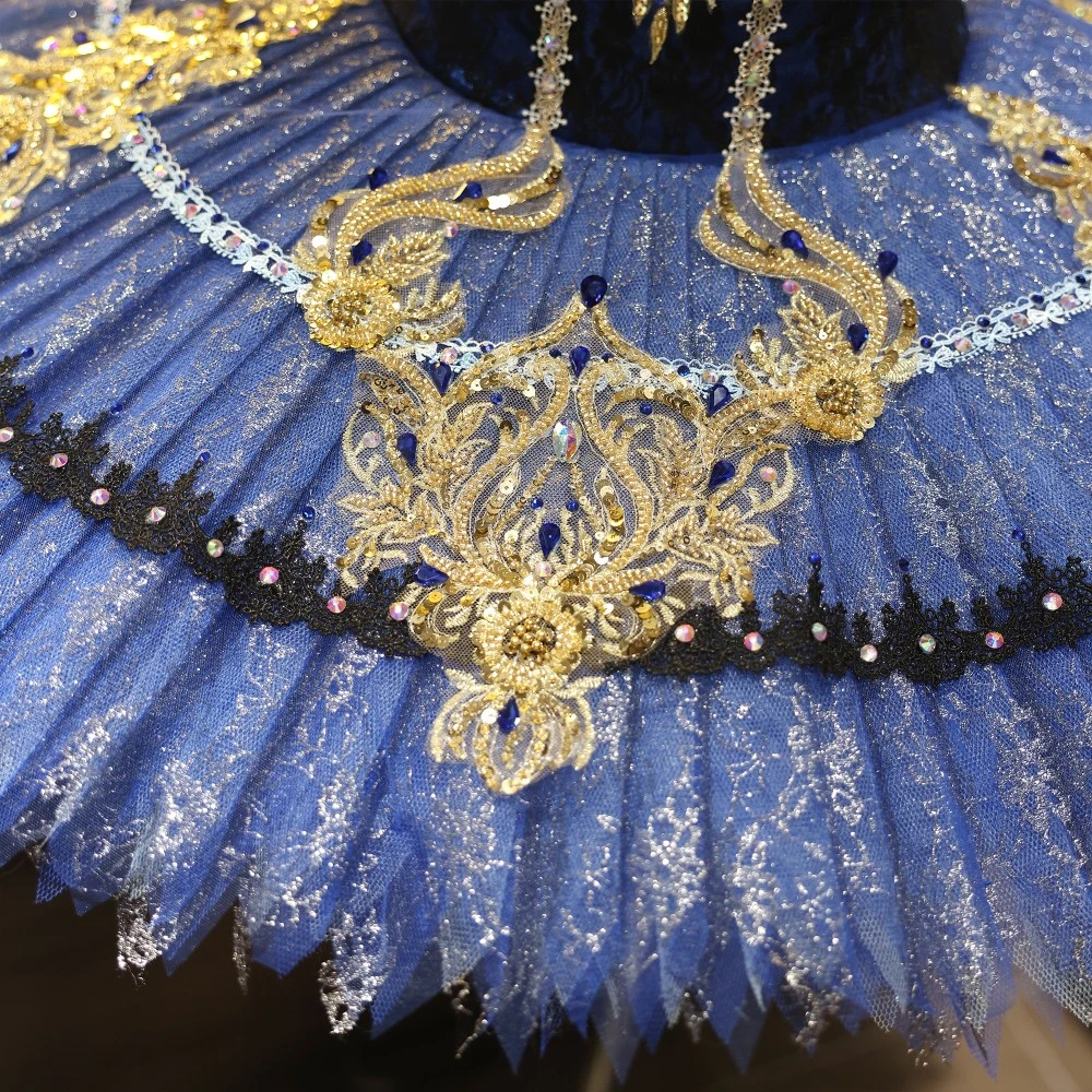 Tut&uacute; de plato de ballet hecho a mano de encaje dorado azul real