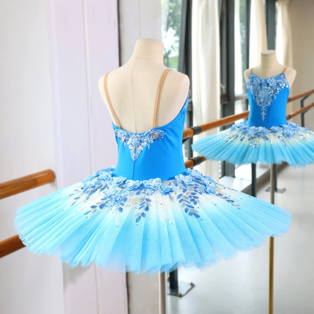 Vestido de tut&uacute; de ballet con lentejuelas florales azules, disfraz de bailarina profesional