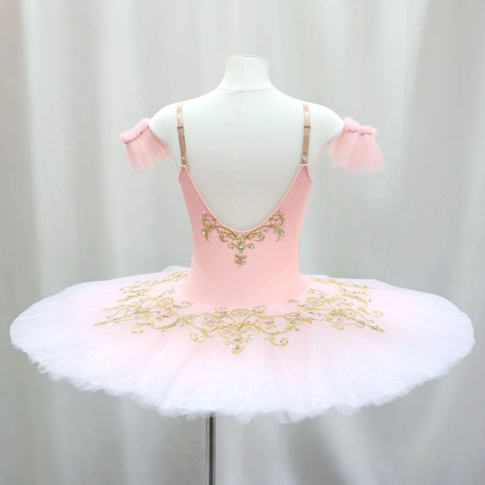 Tut&uacute; de ballet rosa con bordado dorado | Traje de escenario profesional