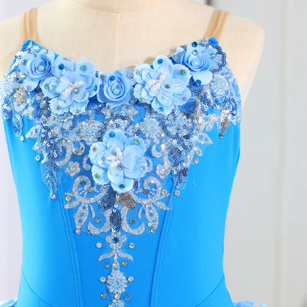 Vestido de tut&uacute; de ballet con lentejuelas florales azules, disfraz de bailarina profesional