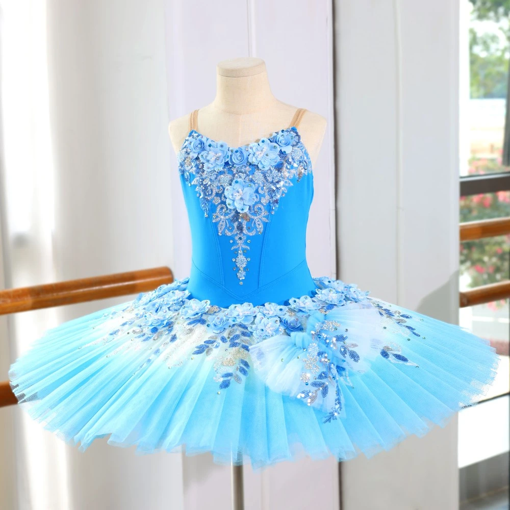 Vestido de tut&uacute; de ballet con lentejuelas florales azules, disfraz de bailarina profesional