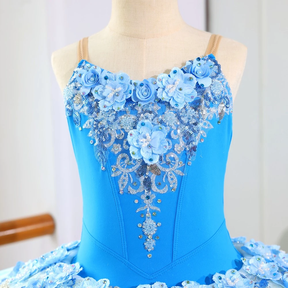 Vestido de tut&uacute; de ballet con lentejuelas florales azules, disfraz de bailarina profesional