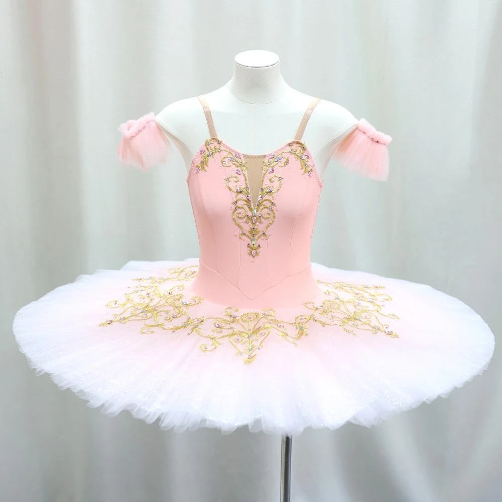 Tut&uacute; de ballet rosa con bordado dorado | Traje de escenario profesional