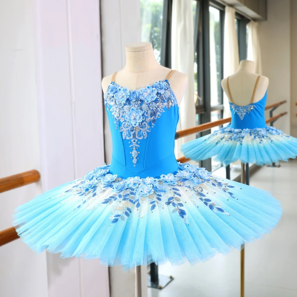 Vestido de tut&uacute; de ballet con lentejuelas florales azules, disfraz de bailarina profesional