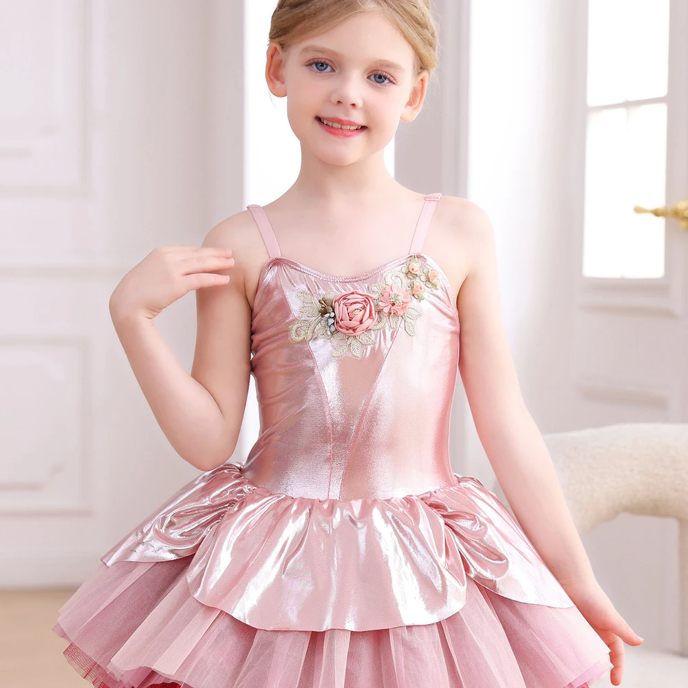 Vestido tut&uacute; de ballet para ni&ntilde;as con tirantes finos florales rosas met&aacute;licos Costume-ALP088 de actu