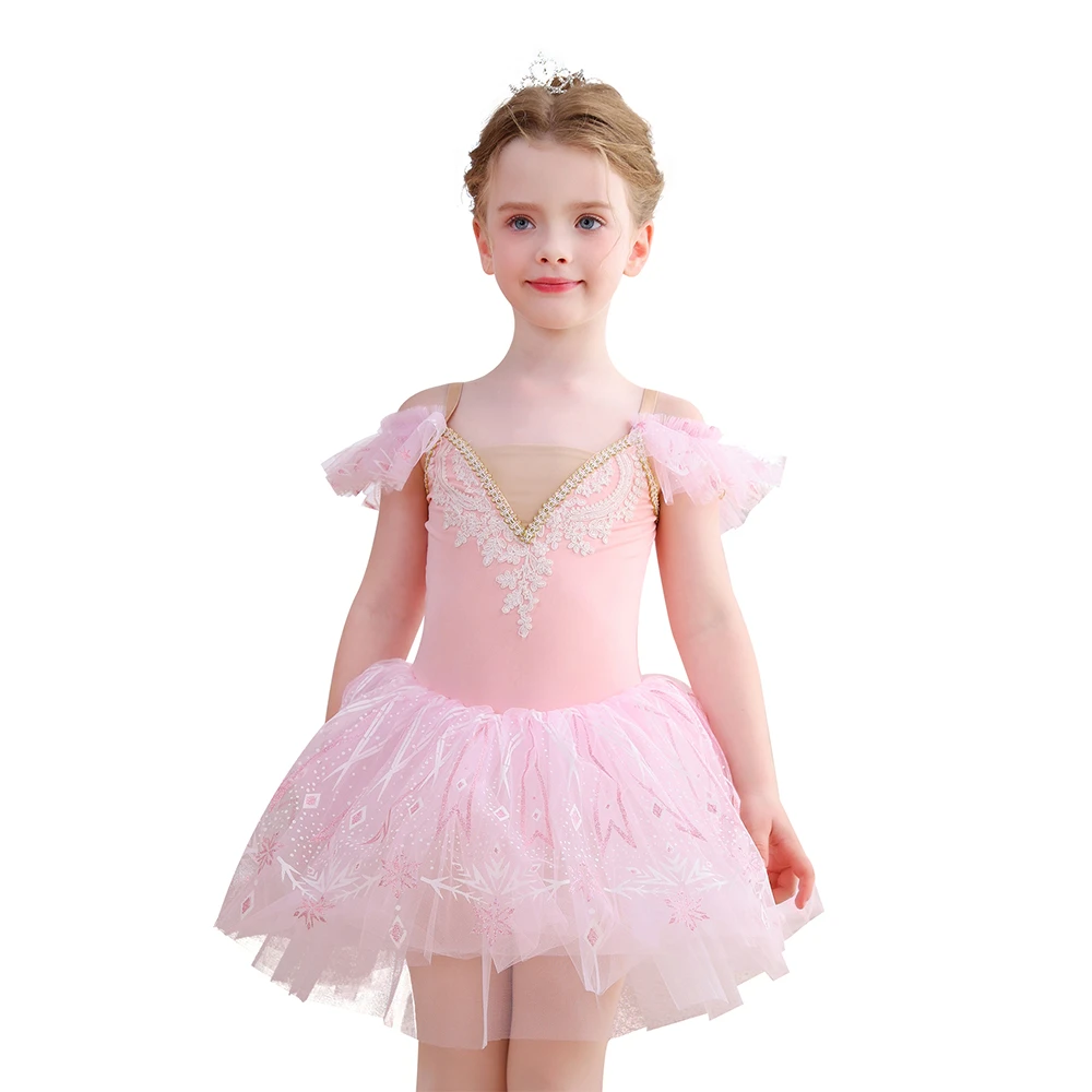 Vestido tut&uacute; de ballet con encaje de copo de nieve para ni&ntilde;as, traje de baile con mangas con volante