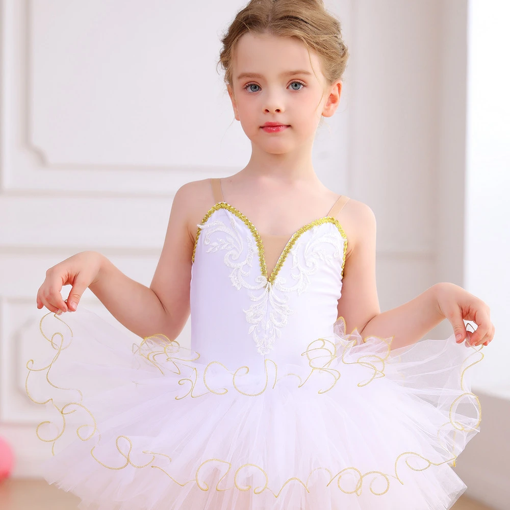 Vestido de tut&uacute; de ballet para ni&ntilde;as de encaje dorado Disfraz de actuaci&oacute;n esc&eacute;nica para ni&ntilde;os-ALP03