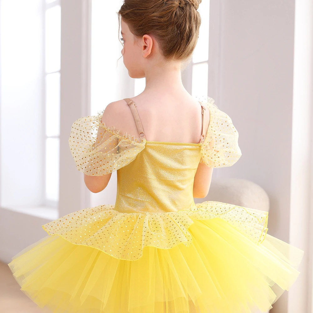 Lentejuelas doradas con hombros descubiertos, vestido de tut&uacute; de ballet para ni&ntilde;as, disfraz de princ
