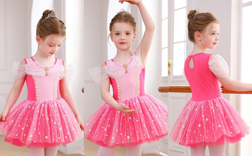 Vestido tutú de ballet para niñas con lazo de lentejuelas de estrella rosa caliente Costume-ALP077 de actuación de princesa para niños