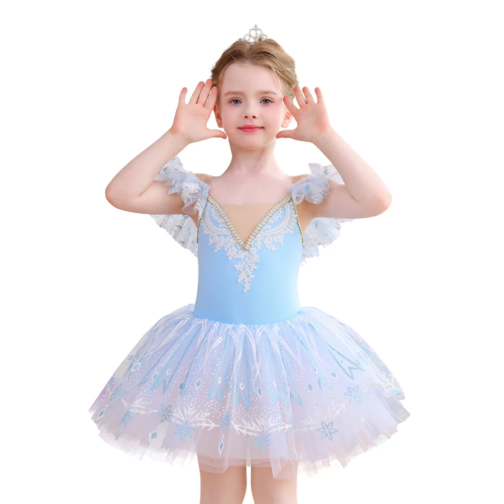 Vestido tut&uacute; de ballet con encaje de copo de nieve para ni&ntilde;as, traje de baile con mangas con volante