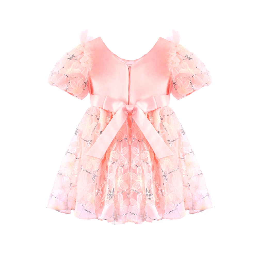 Vestido de princesa con mangas abullonadas y bordado floral rosa para ni&ntilde;as-XGZ9007