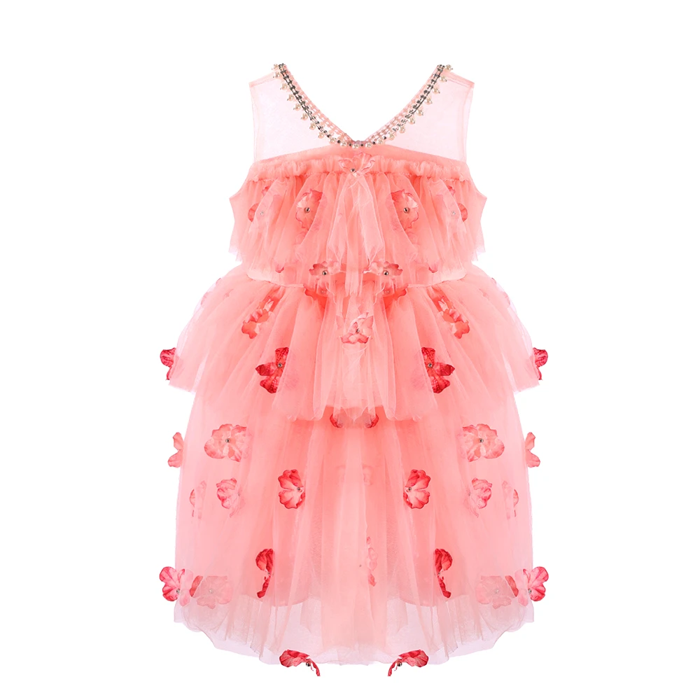 Vestido de princesa de tul rosa para ni&ntilde;a con flores en 3D-XGZ8001