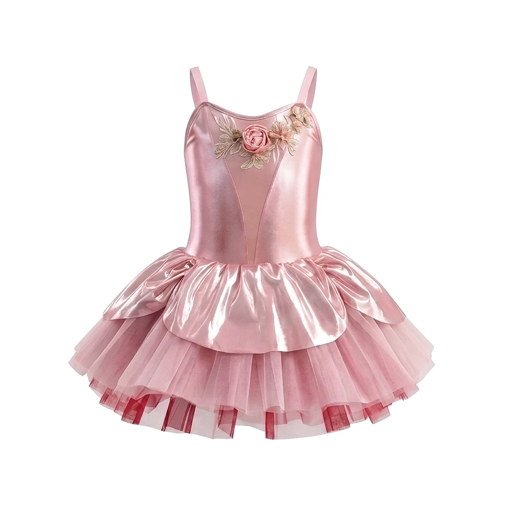 Vestido tut&uacute; de ballet para ni&ntilde;as con tirantes finos florales rosas met&aacute;licos Costume-ALP088 de actu