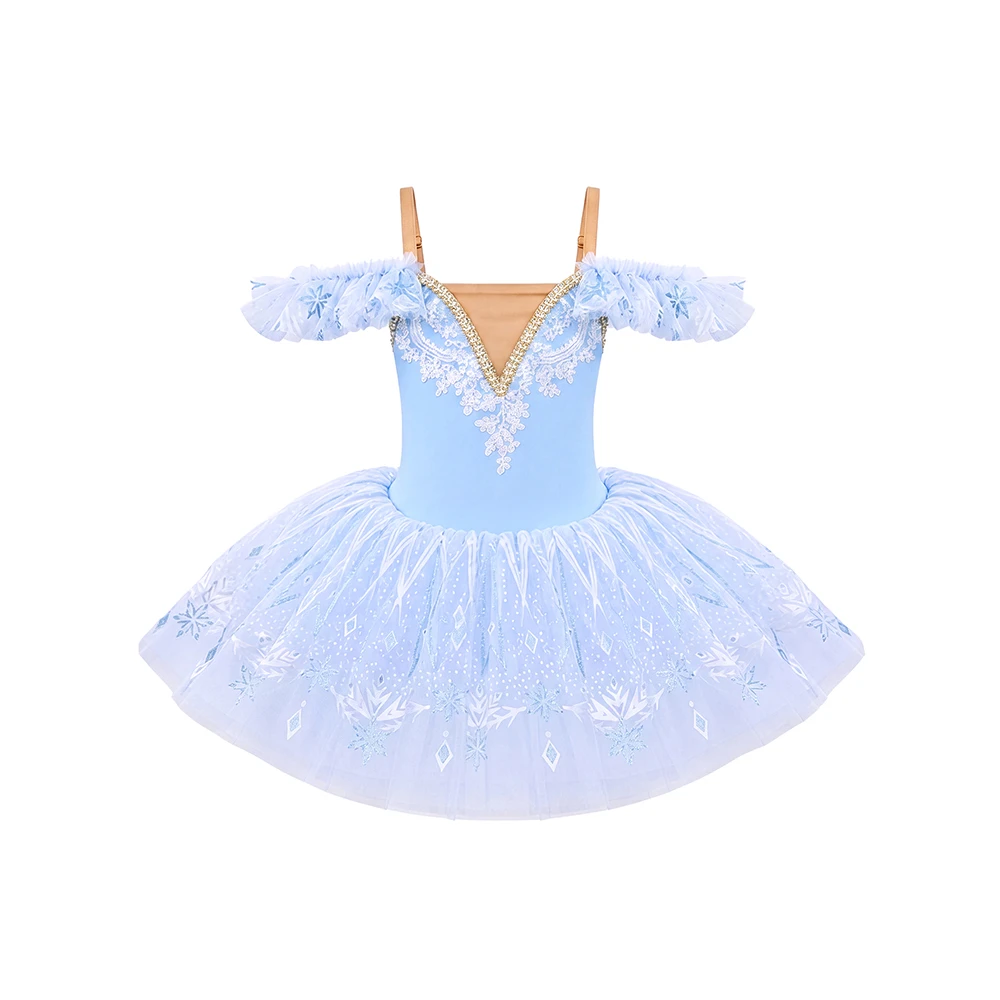 Vestido tut&uacute; de ballet con encaje de copo de nieve para ni&ntilde;as, traje de baile con mangas con volante
