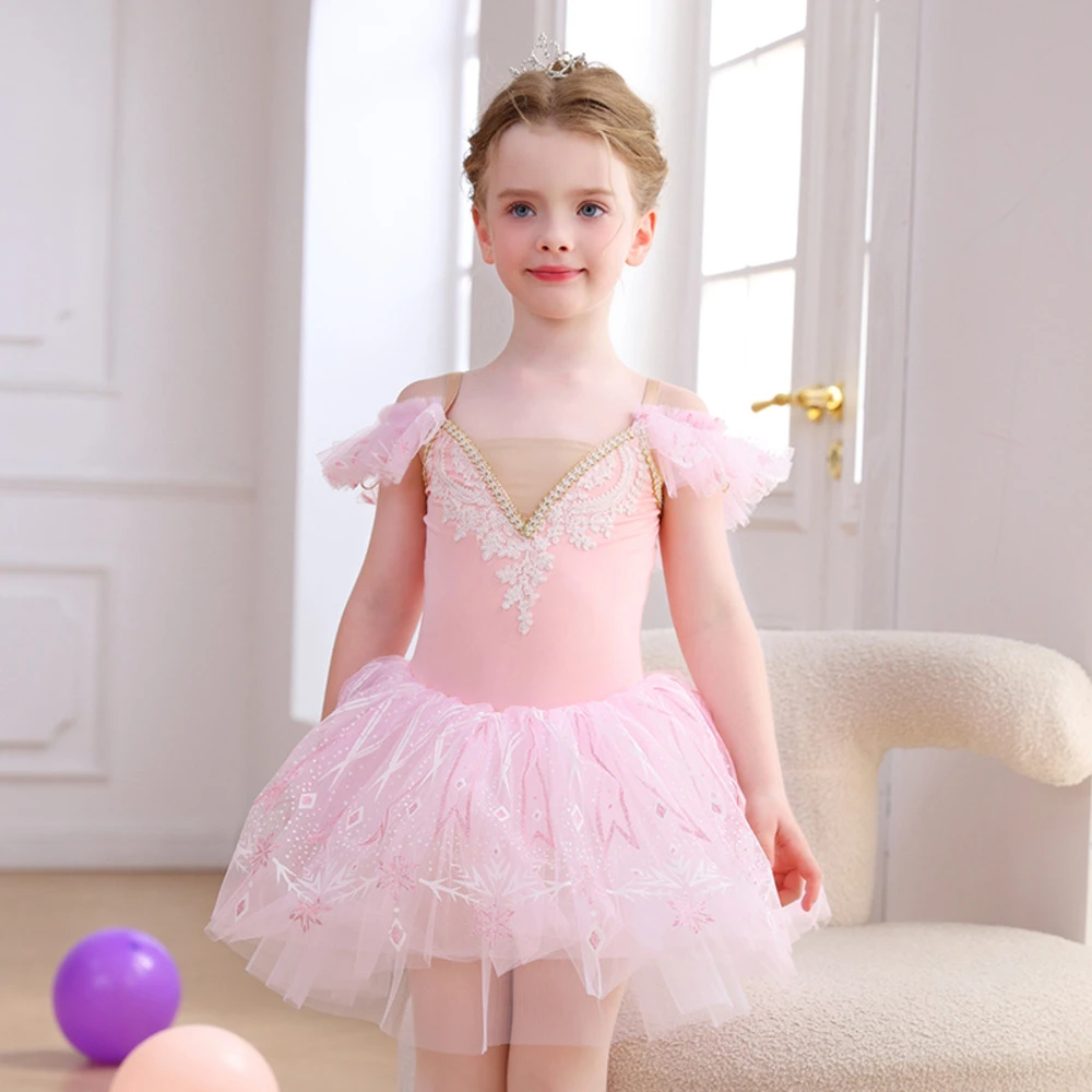 Vestido tut&uacute; de ballet con encaje de copo de nieve para ni&ntilde;as, traje de baile con mangas con volante