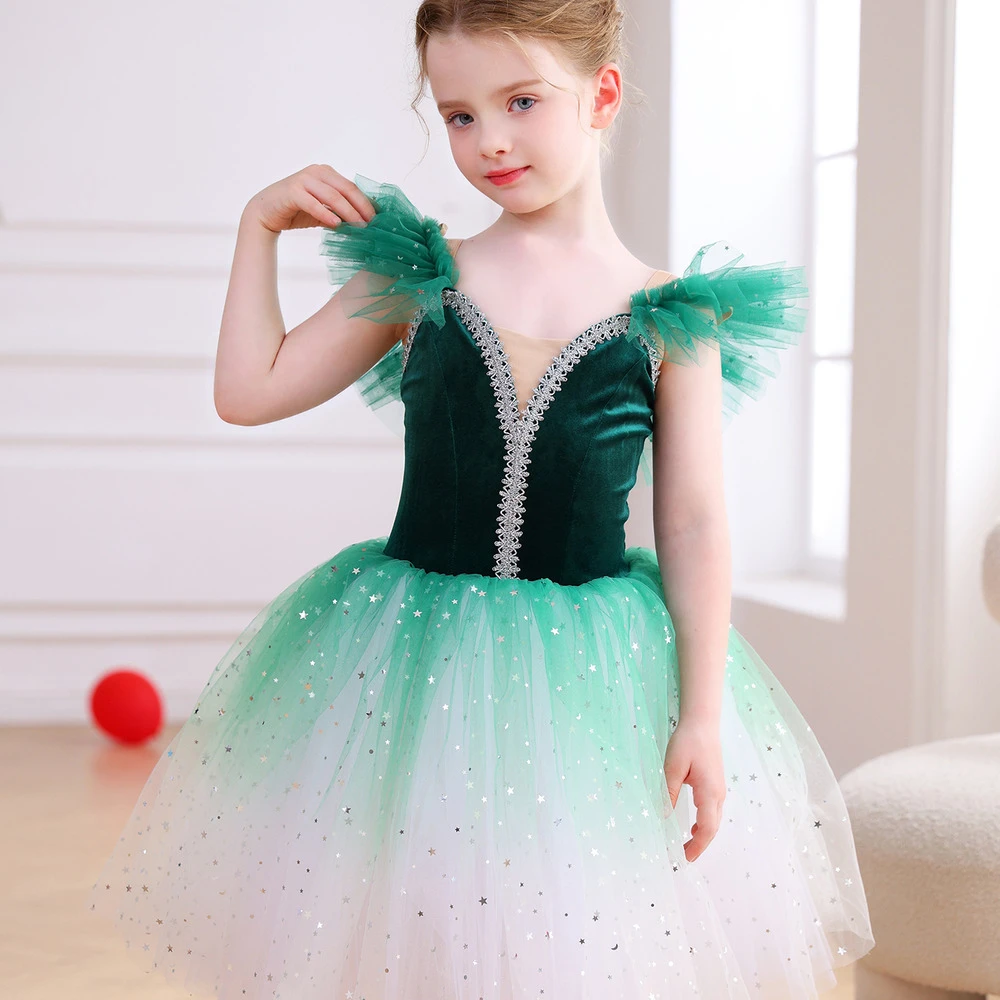 Vestido tut&uacute; de ballet rojo degradado brillante para ni&ntilde;as, disfraz de actuaci&oacute;n de fiesta de baile