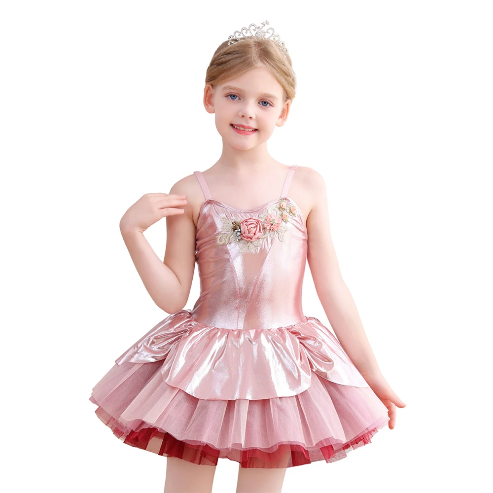 Vestido tut&uacute; de ballet para ni&ntilde;as con tirantes finos florales rosas met&aacute;licos Costume-ALP088 de actu