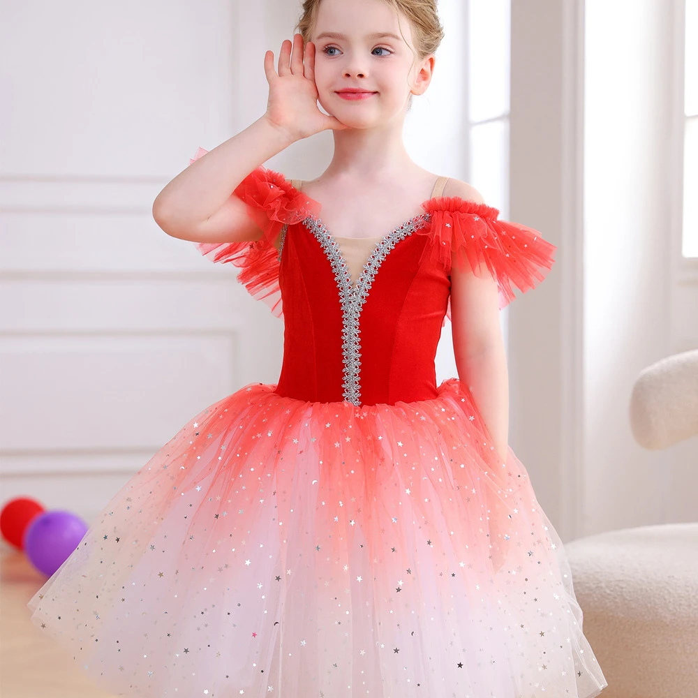 Vestido tut&uacute; de ballet rojo degradado brillante para ni&ntilde;as, disfraz de actuaci&oacute;n de fiesta de baile