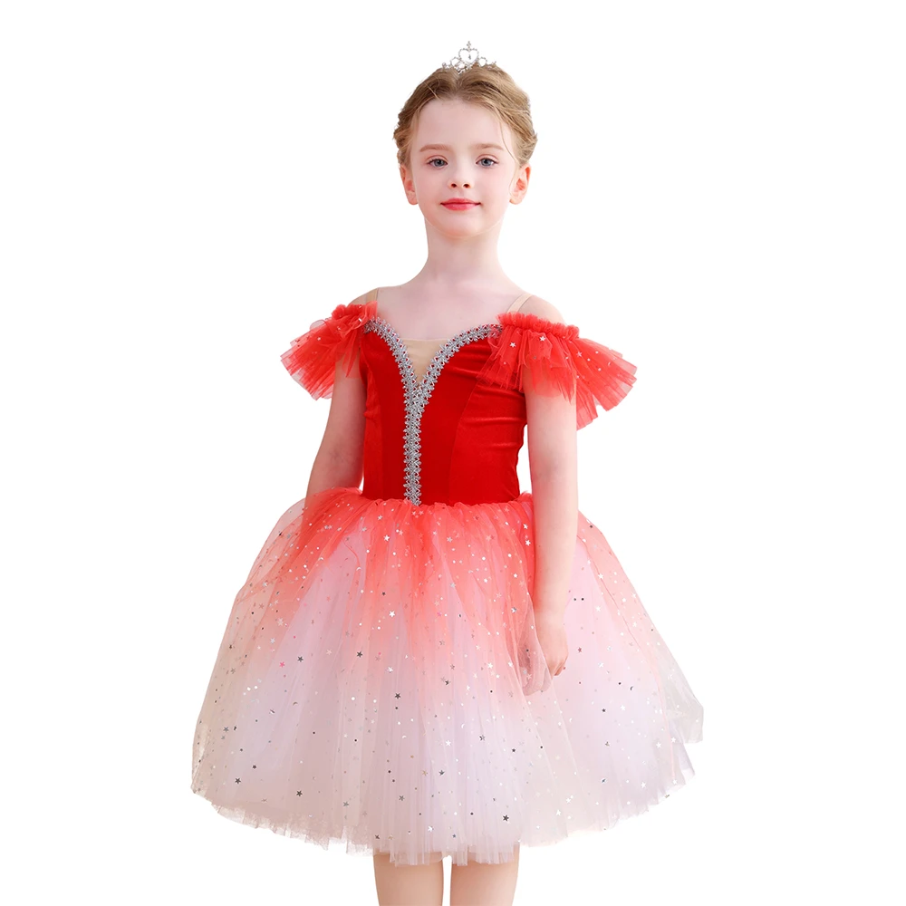 Vestido tut&uacute; de ballet rojo degradado brillante para ni&ntilde;as, disfraz de actuaci&oacute;n de fiesta de baile