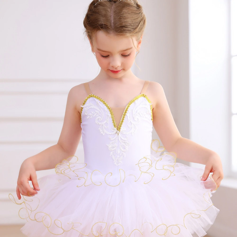 Vestido de tut&uacute; de ballet para ni&ntilde;as de encaje dorado Disfraz de actuaci&oacute;n esc&eacute;nica para ni&ntilde;os-ALP03