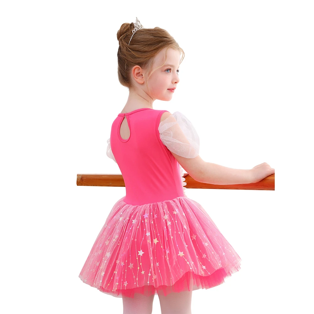 Vestido de tut&uacute; de ballet para ni&ntilde;as con lazo de lentejuelas de estrellas de color rosa fuerte, actu