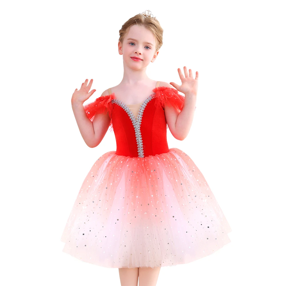 Vestido tut&uacute; de ballet rojo degradado brillante para ni&ntilde;as, disfraz de actuaci&oacute;n de fiesta de baile