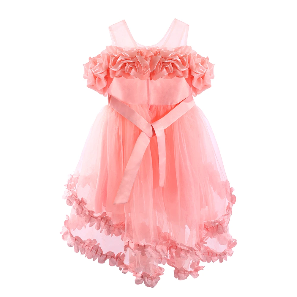 Vestido de princesa rosa con volantes y flores en 3D para ni&ntilde;as-XGZ9006