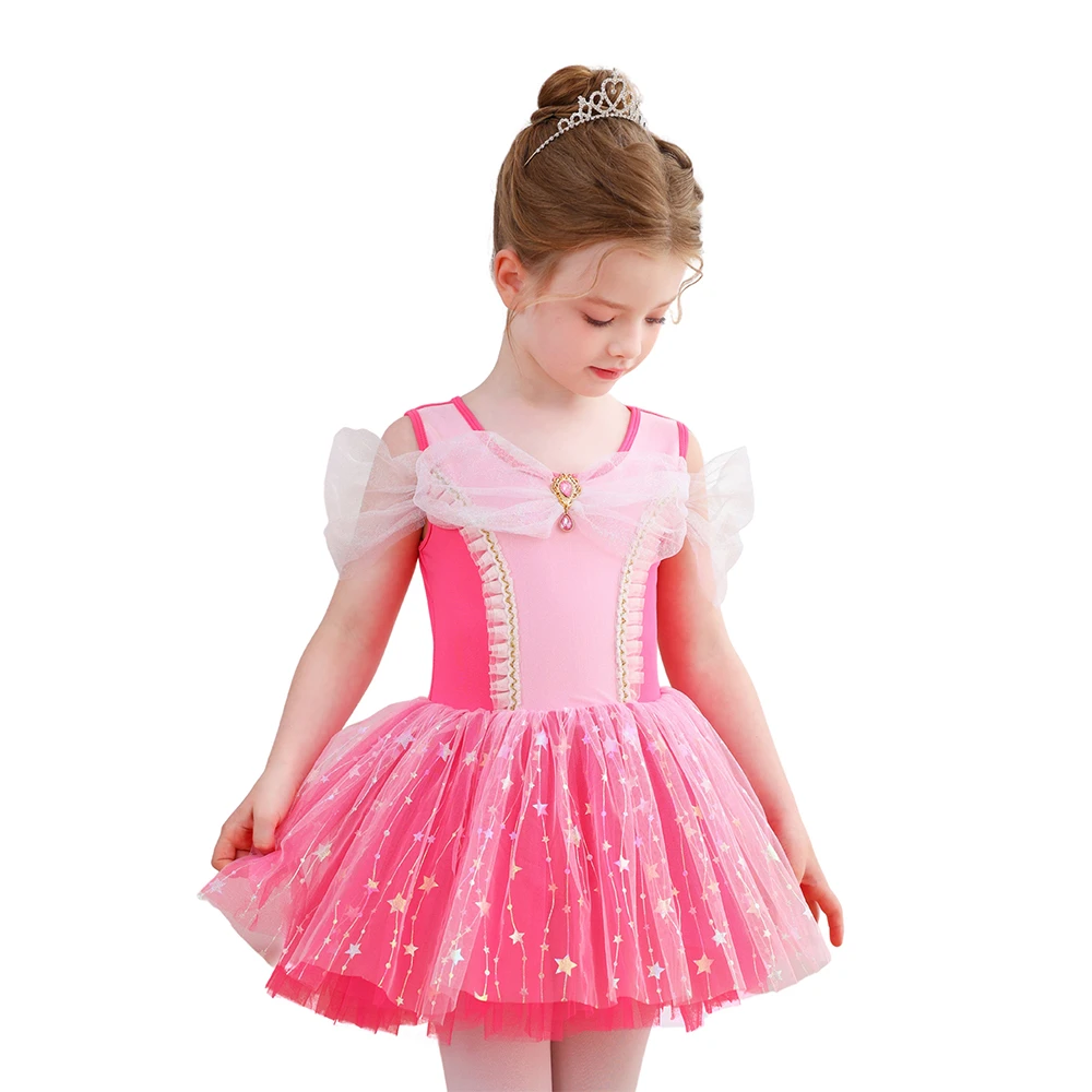 Vestido de tut&uacute; de ballet para ni&ntilde;as con lazo de lentejuelas de estrellas de color rosa fuerte, actu