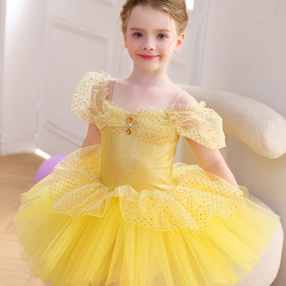 Lentejuelas doradas con hombros descubiertos, vestido de tut&uacute; de ballet para ni&ntilde;as, disfraz de princ