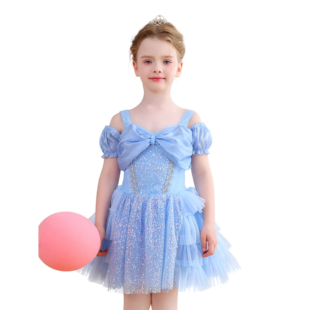 Vestido de tut&uacute; de ballet para ni&ntilde;a con lazo de lentejuelas azul claro y fiesta de princesa con homb