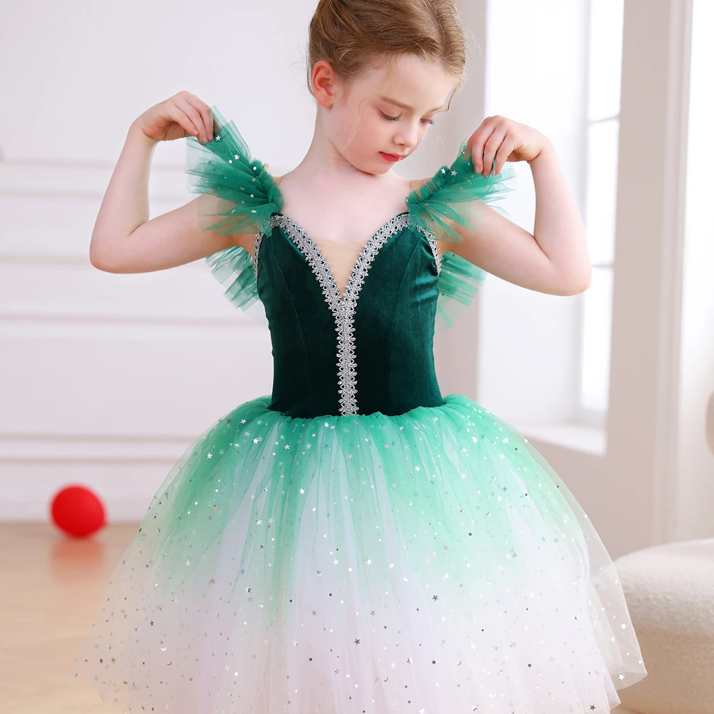 Vestido tut&uacute; de ballet rojo degradado brillante para ni&ntilde;as, disfraz de actuaci&oacute;n de fiesta de baile
