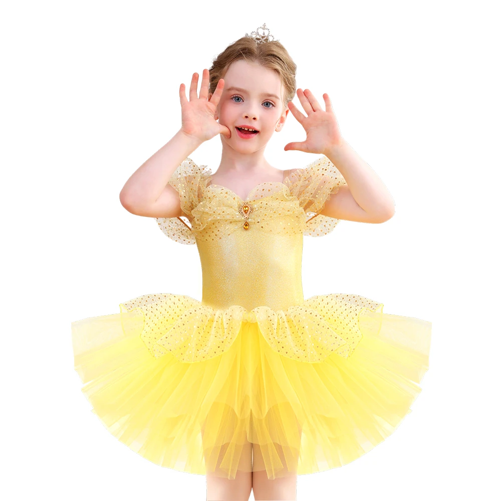 Lentejuelas doradas con hombros descubiertos, vestido de tut&uacute; de ballet para ni&ntilde;as, disfraz de princ