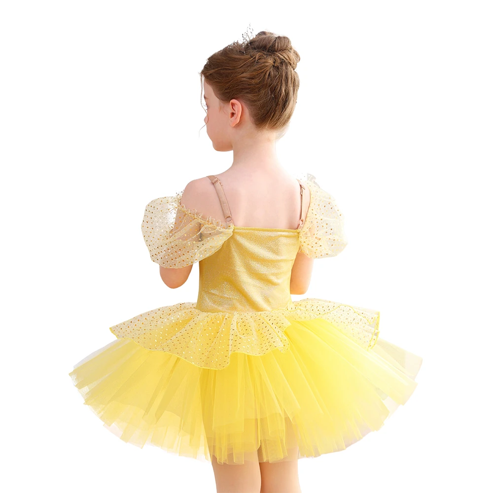 Lentejuelas doradas con hombros descubiertos, vestido de tut&uacute; de ballet para ni&ntilde;as, disfraz de princ