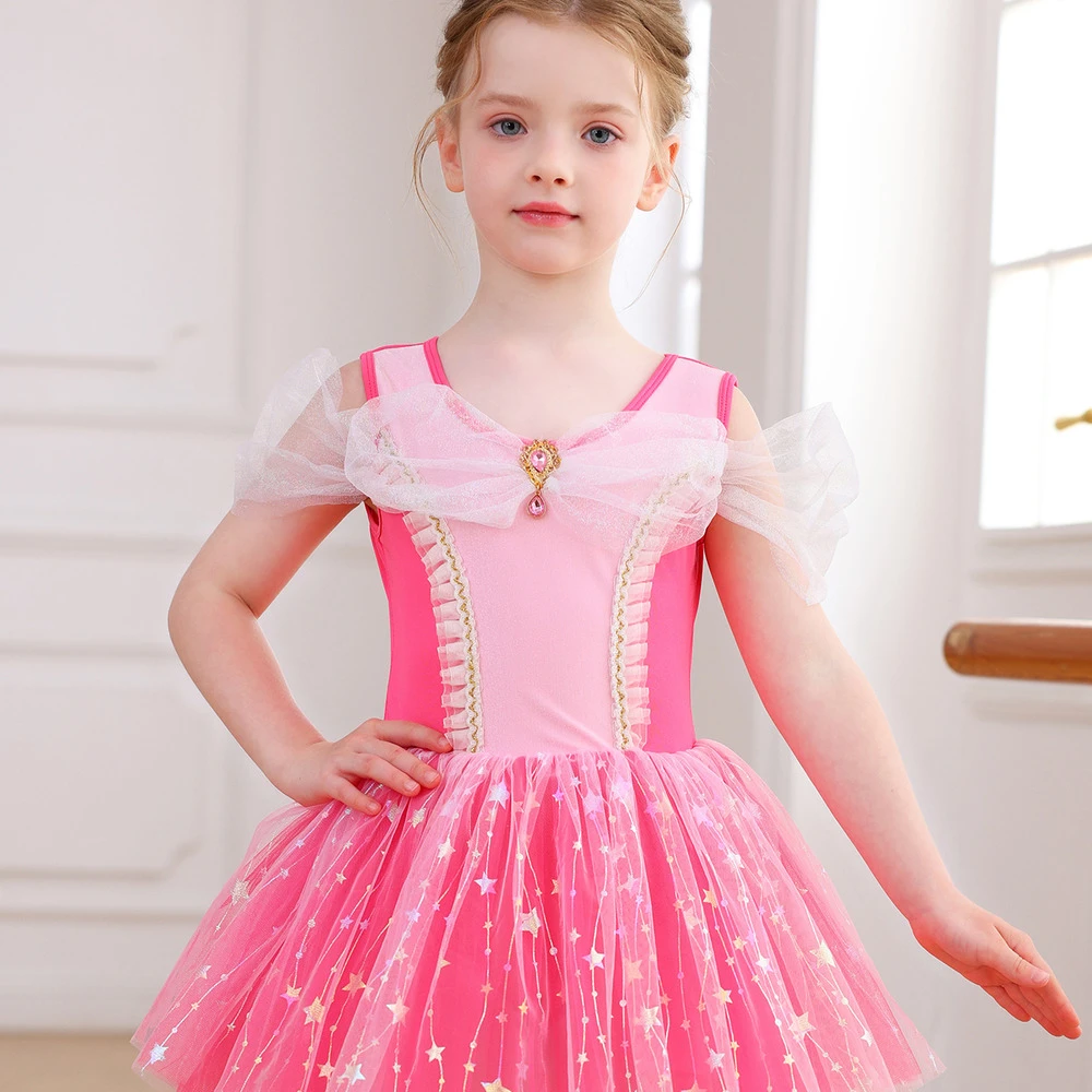 Vestido de tut&uacute; de ballet para ni&ntilde;as con lazo de lentejuelas de estrellas de color rosa fuerte, actu