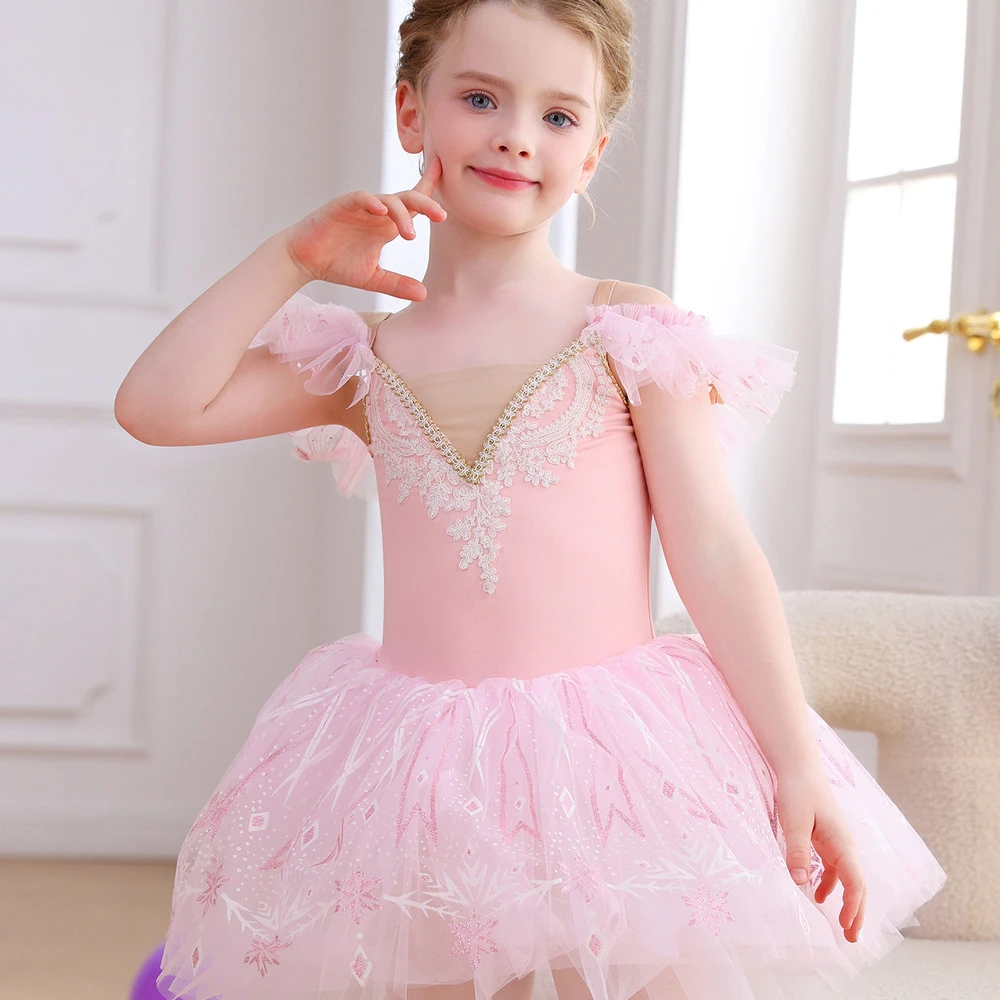 Vestido tut&uacute; de ballet con encaje de copo de nieve para ni&ntilde;as, traje de baile con mangas con volante