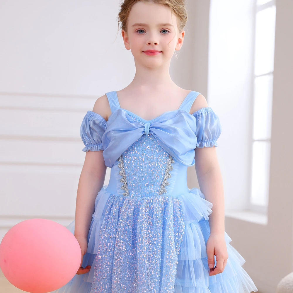 Vestido de tut&uacute; de ballet para ni&ntilde;a con lazo de lentejuelas azul claro y fiesta de princesa con homb