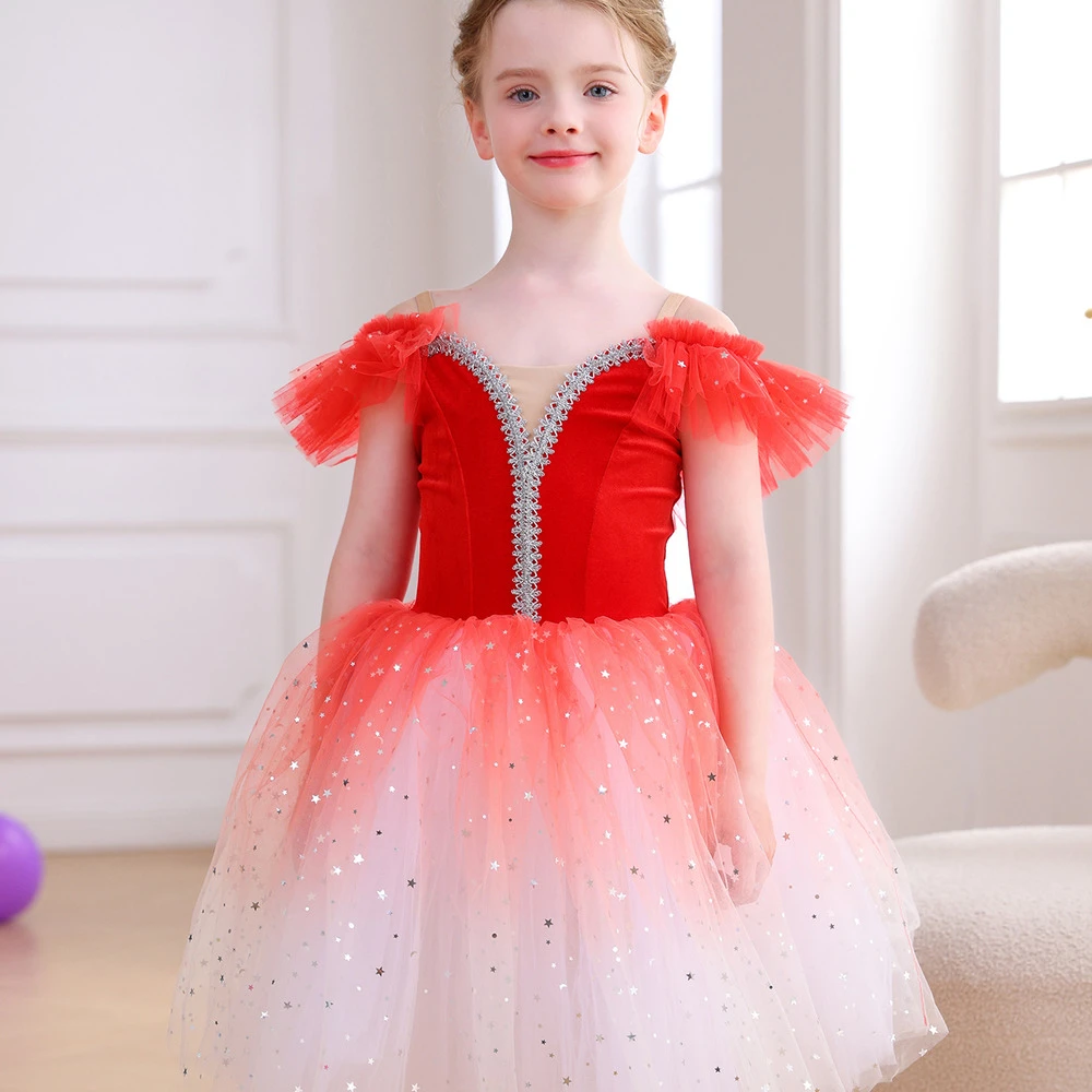 Vestido tut&uacute; de ballet rojo degradado brillante para ni&ntilde;as, disfraz de actuaci&oacute;n de fiesta de baile