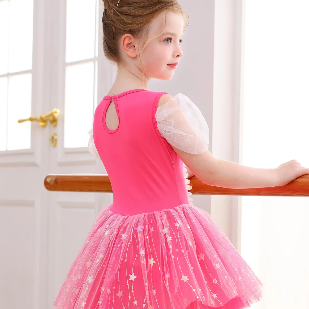 Vestido de tut&uacute; de ballet para ni&ntilde;as con lazo de lentejuelas de estrellas de color rosa fuerte, actu