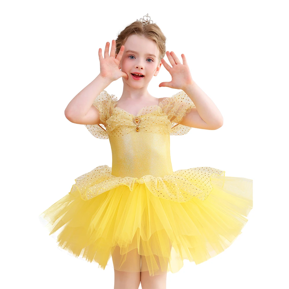 Lentejuelas doradas con hombros descubiertos, vestido de tut&uacute; de ballet para ni&ntilde;as, disfraz de princ