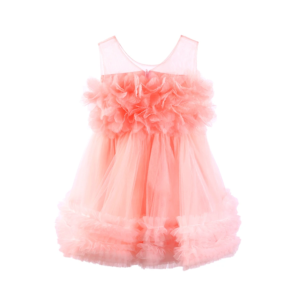 Vestido de princesa de tul con flores en color coral para ni&ntilde;as en 3D Bata-XGZ8015