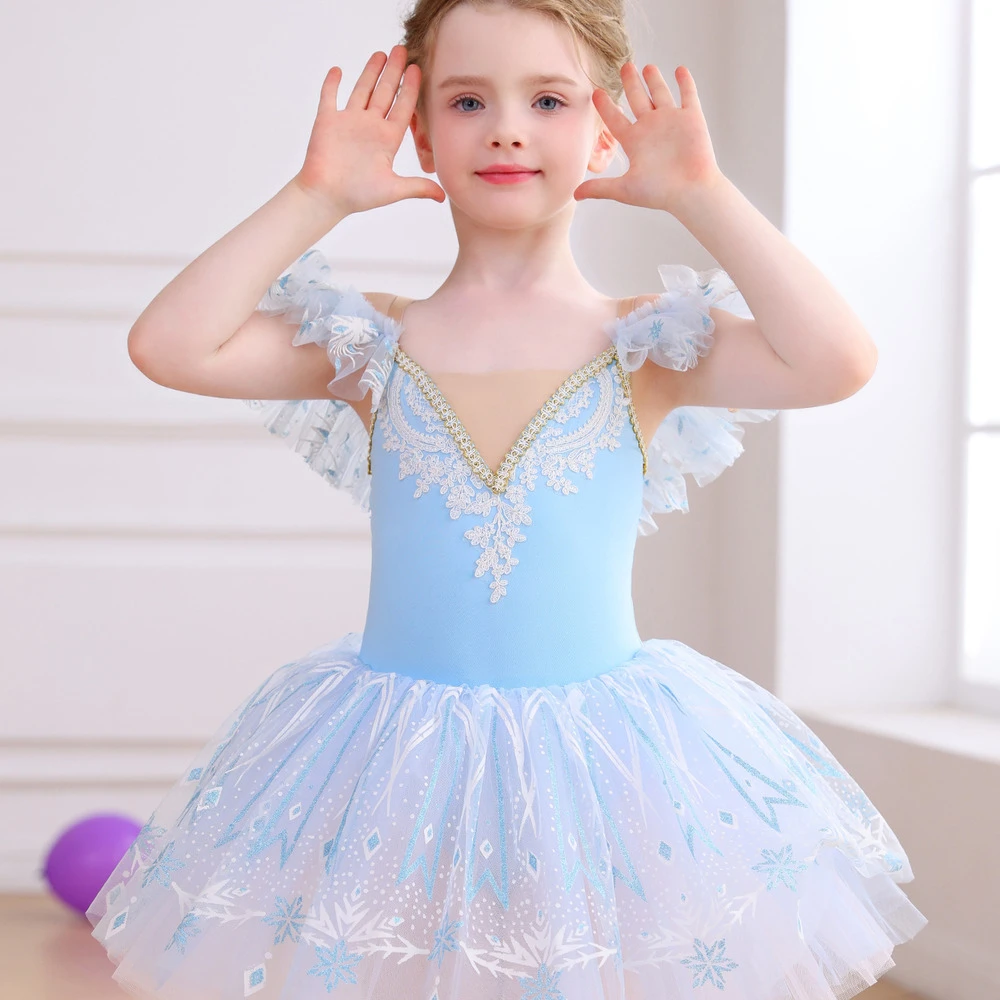 Vestido tut&uacute; de ballet con encaje de copo de nieve para ni&ntilde;as, traje de baile con mangas con volante