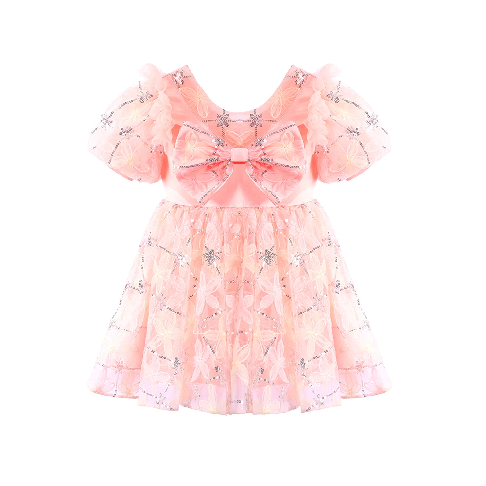 Vestido de princesa con mangas abullonadas y bordado floral rosa para ni&ntilde;as-XGZ9007