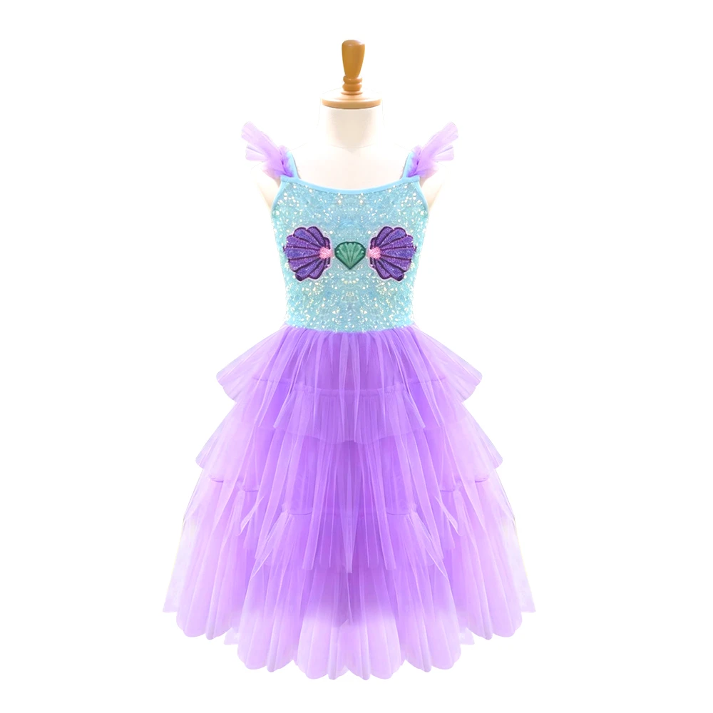 Vestido tut&uacute; de sirena azul p&uacute;rpura para ni&ntilde;as, disfraz de princesa de tul en capas-ALP0103