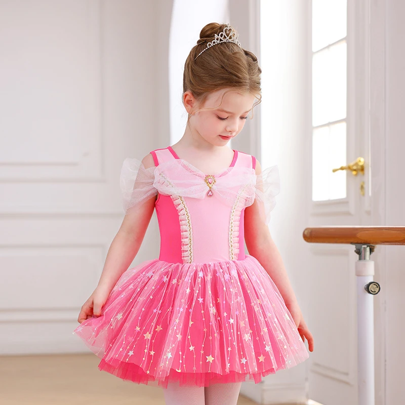 Vestido de tut&uacute; de ballet para ni&ntilde;as con lazo de lentejuelas de estrellas de color rosa fuerte, actu