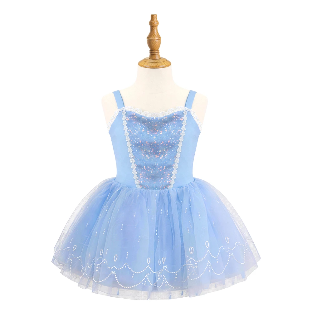 Vestido de princesa rosa y azul para ni&ntilde;a, tut&uacute; con ribete de encaje brillante, sin mangas Disfraz-A