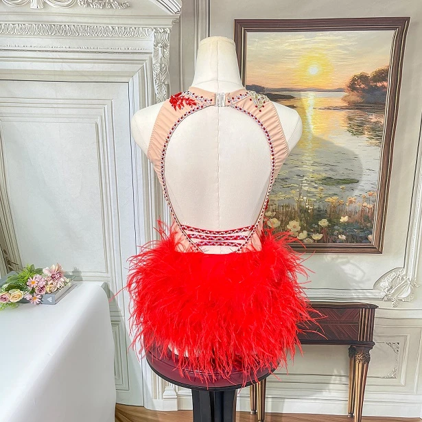 Leotardo de competici&oacute;n de jazz con diamantes de imitaci&oacute;n y plumas rojas | G052
