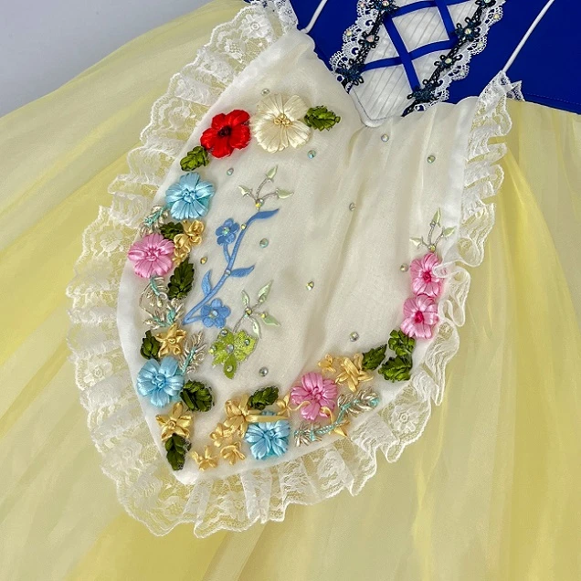 Vestido de actuaci&oacute;n de ballet de estilo popular con flores azules y amarillas | R1611
